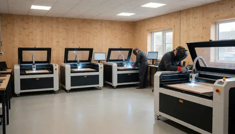 Two operators work on laser cutting machines in a workshop with wooden walls and polished floor illuminated by ceiling lights.