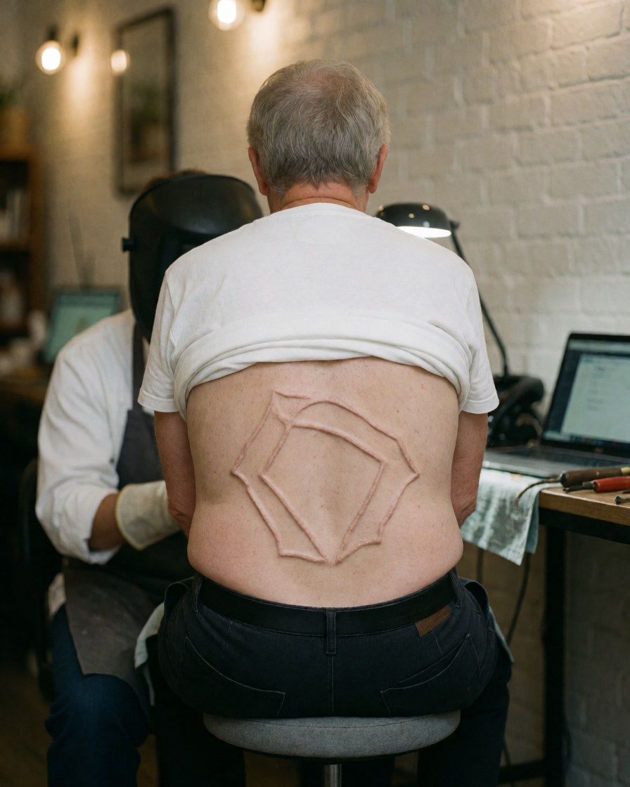 Satisfied client displaying a geometric tattoo design on their back in a tattoo studio with white brick walls
