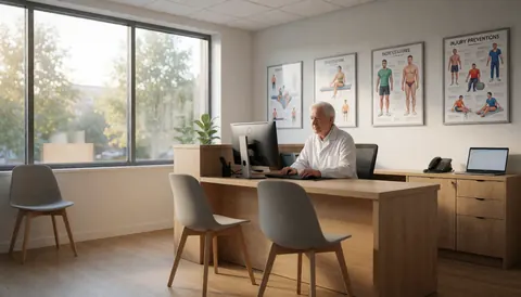 Physiotherapist in modern office with injury prevention posters, computer, chairs, and natural light