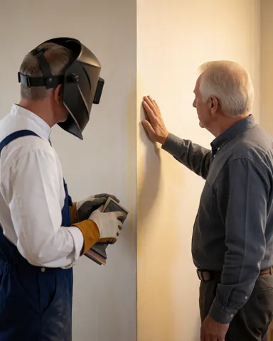 A client examines a freshly repaired and polished wall with their hand while a worker with sandpaper stands nearby in warm indoor lighting.