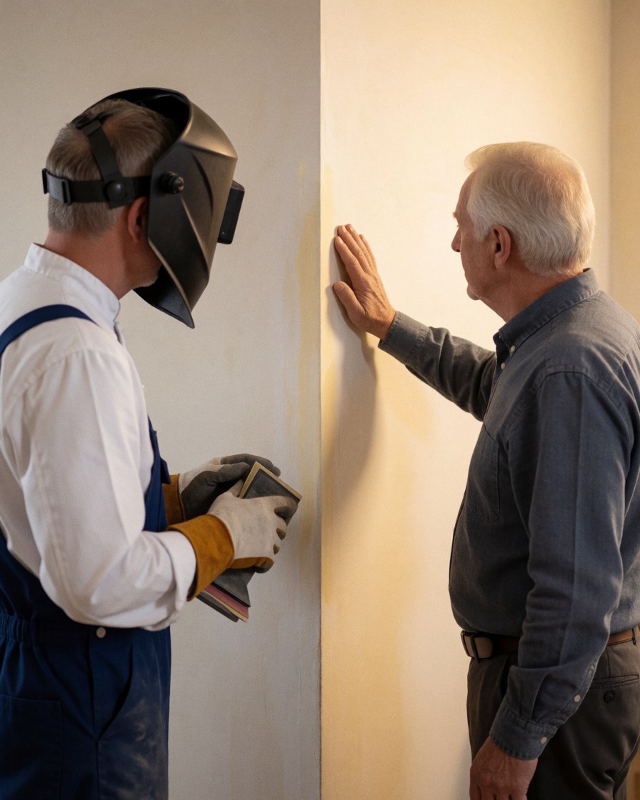 A client examines a freshly repaired and polished wall with their hand while a worker with sandpaper stands nearby in warm indoor lighting.