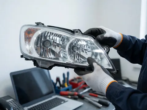 Close-up of gloved hands holding a car headlight in a workshop setting for vehicle recycling