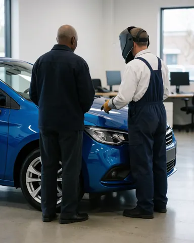 Worker wearing a welding helmet and a client observe a restored blue car in a bright workshop with a polished floor.