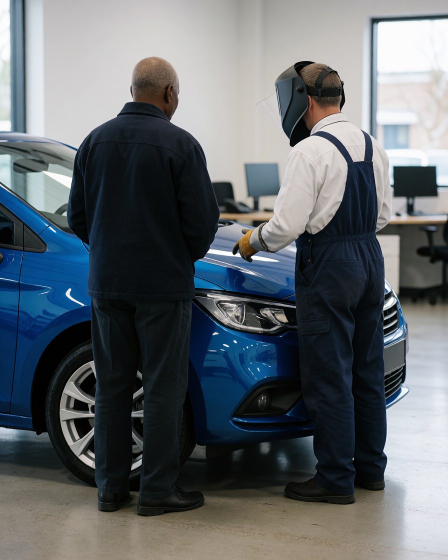 Worker wearing a welding helmet and a client observe a restored blue car in a bright workshop with a polished floor.