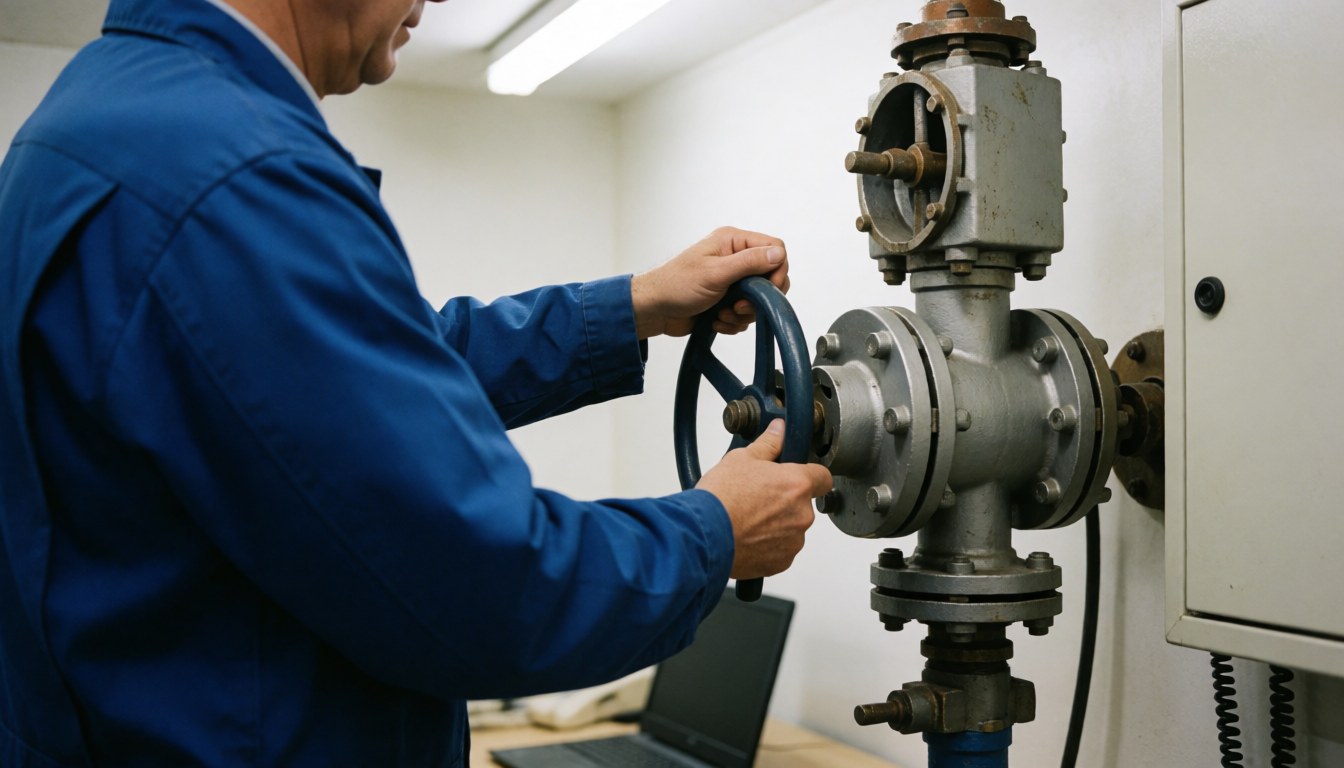 Technician in blue uniform adjusting an industrial gas valve in a workshop with white walls and fluorescent lighting