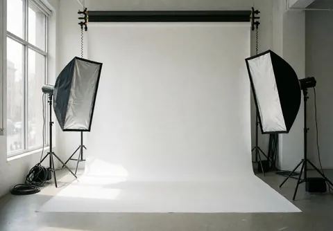 Empty photography studio featuring a white backdrop, two softboxes, and natural light coming through a window, suitable for professional portraits.