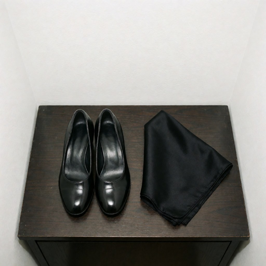 Black tango shoes and a silk scarf arranged on a dark wooden surface for tango business use