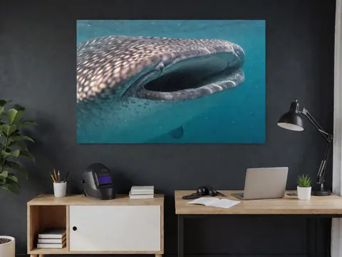 Whale shark mural on dark charcoal wall with laptop desk and lamp in modern professional office