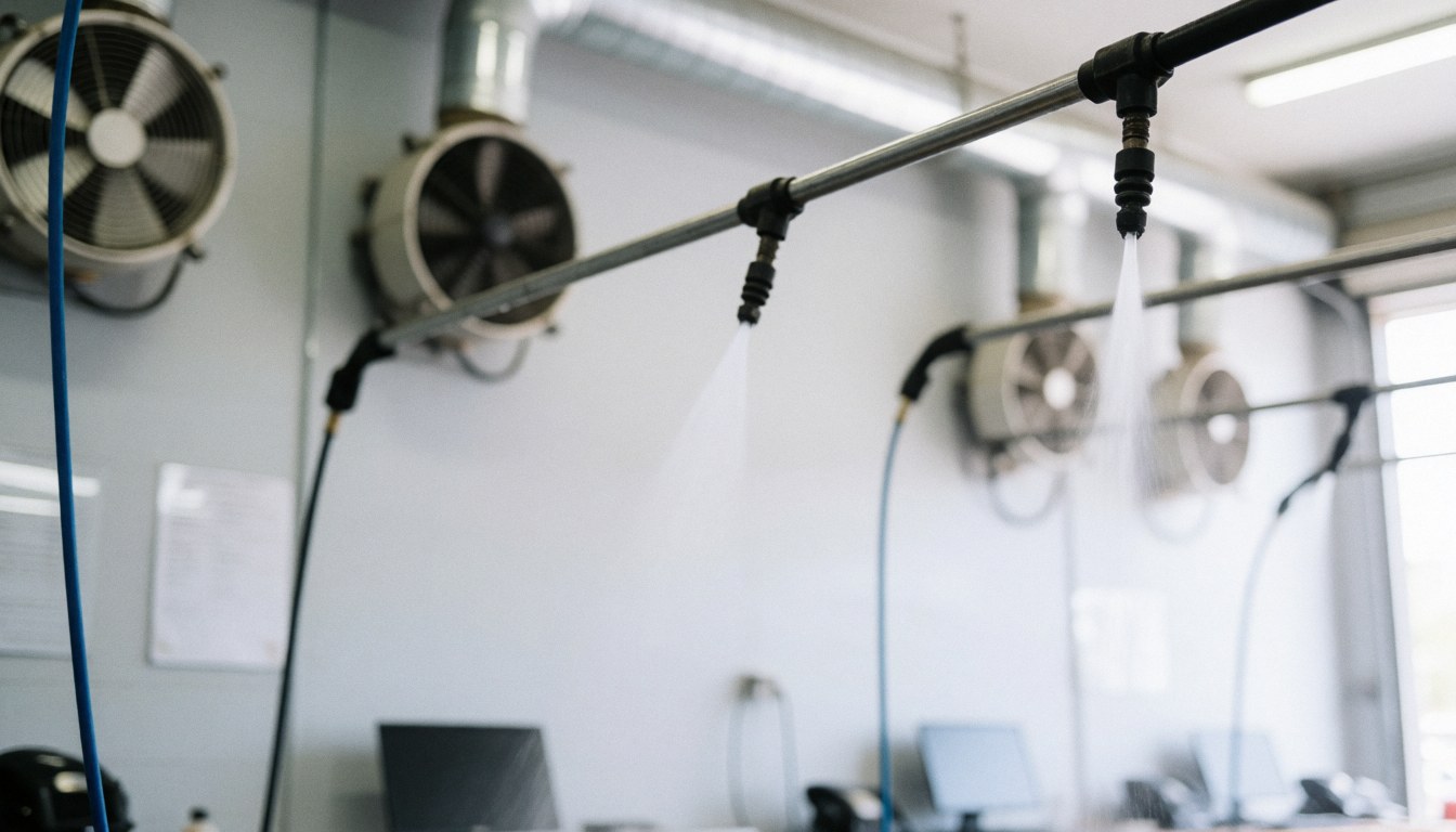 Water booms and industrial fans mounted on gray walls in a clean car wash with diffused lighting, providing a professional background for text.
