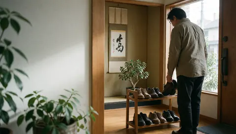 Customer taking off shoes at the entrance of a shiatsu clinic featuring a traditional tokonoma with a plant and wooden shelf