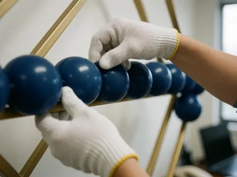 Close-up of gloved hands arranging blue balloons inside a gold frame for event decoration
