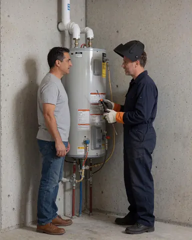 Plumber in welding helmet explains water heater installation to a client in a garage setting.