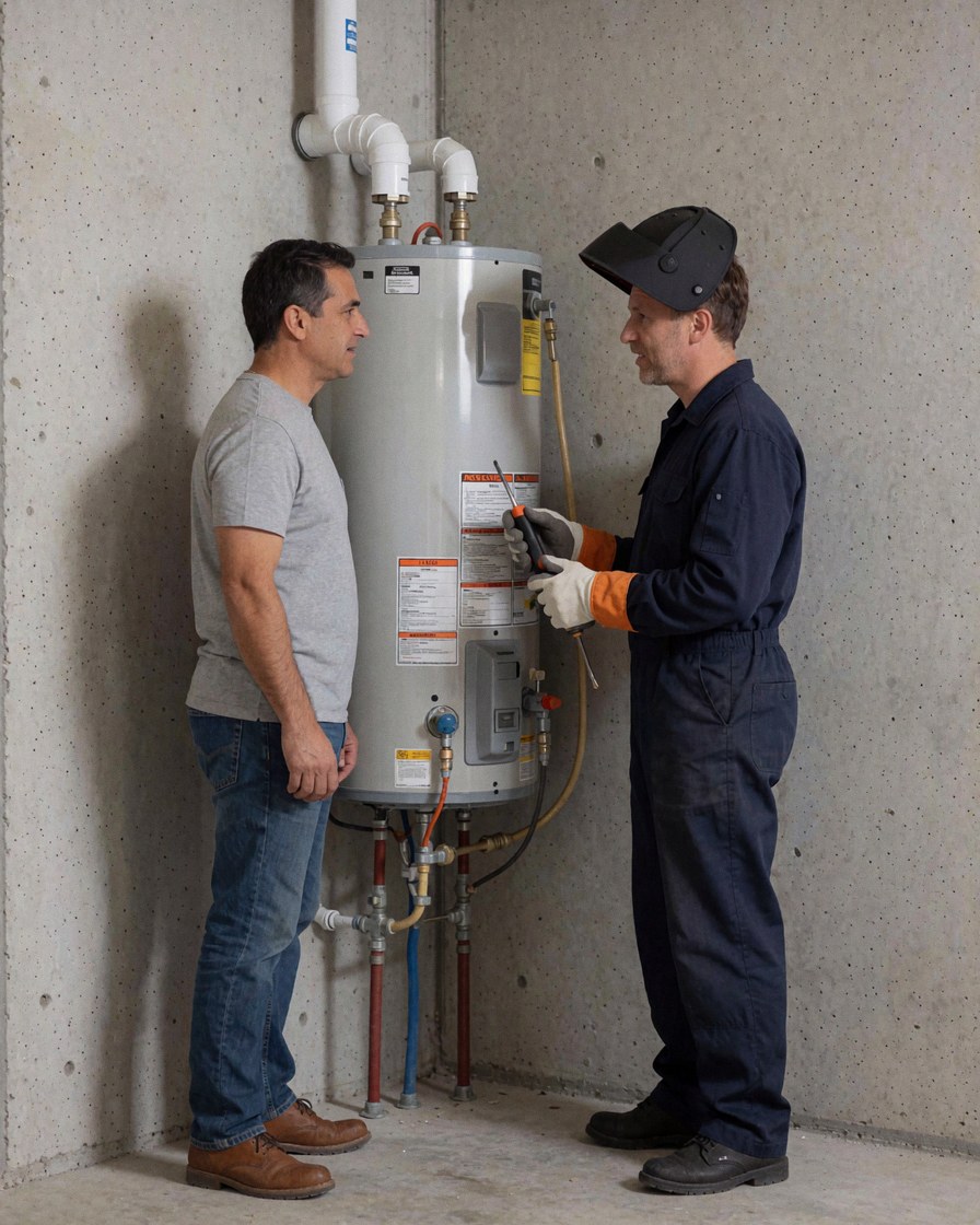 Plumber in welding helmet explains water heater installation to a client in a garage setting.