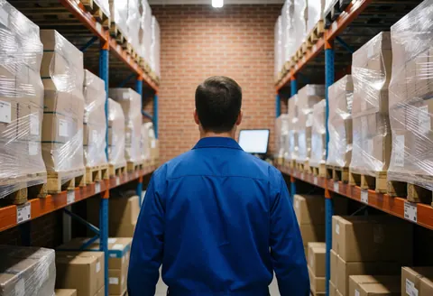 Warehouse worker walking through an aisle between shelves stacked with plastic-wrapped pallets in a brick-walled facility with professional lighting.