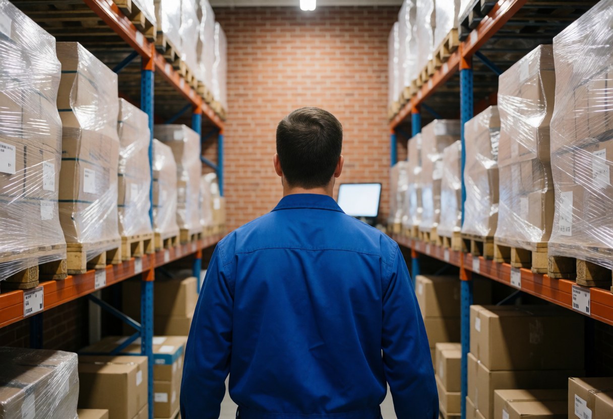 Warehouse worker walking through an aisle between shelves stacked with plastic-wrapped pallets in a brick-walled facility with professional lighting.