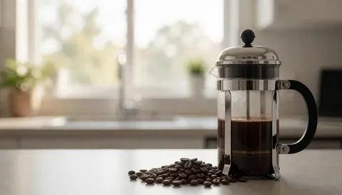 French press with freshly brewed coffee on a kitchen counter, scattered coffee beans, morning light, and blurred window background for text overlay
