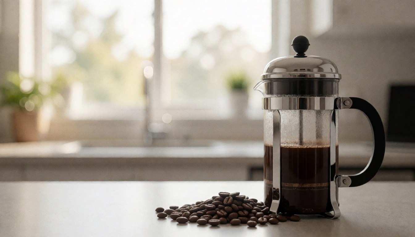 French press with freshly brewed coffee on a kitchen counter, scattered coffee beans, morning light, and blurred window background for text overlay