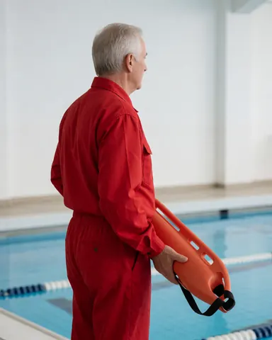 Lifeguard in red uniform holding a rescue board while watching over a white-walled pool with lane lines