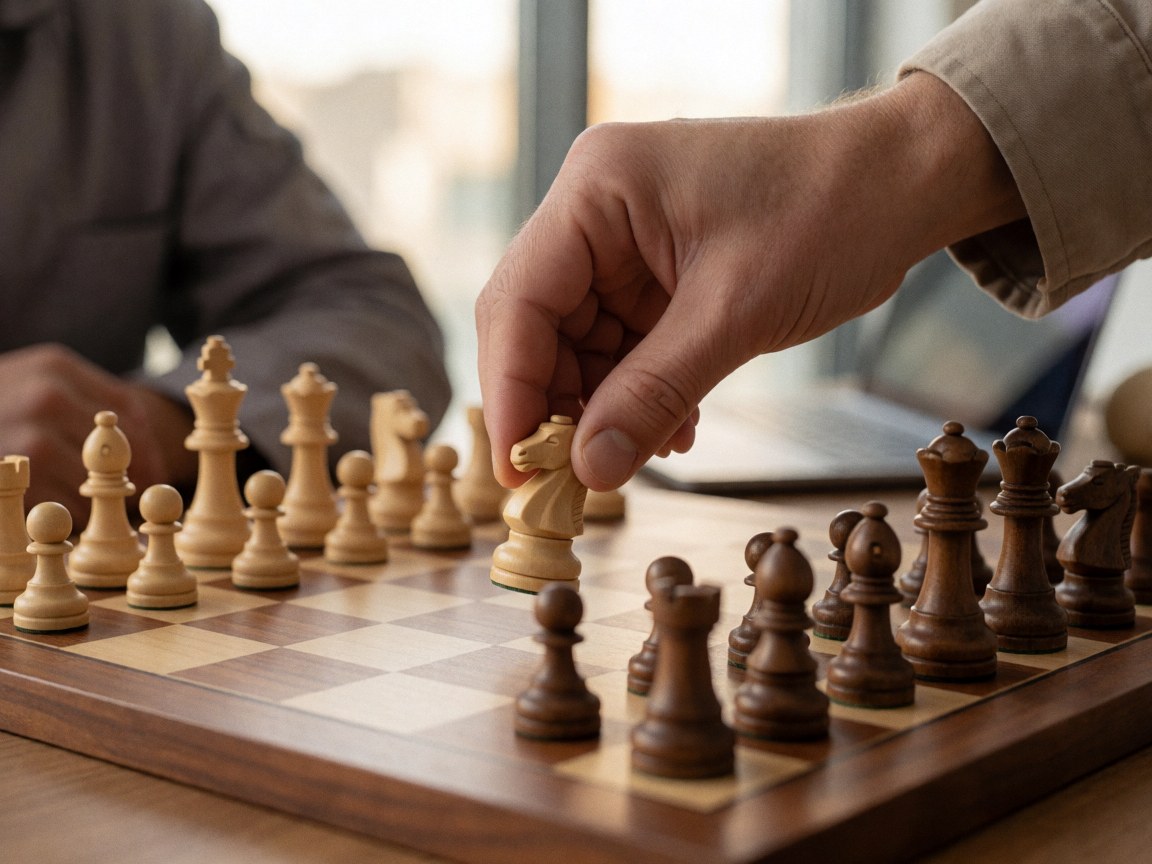 Close-up of a hand moving a chess knight piece on a wooden chessboard with natural light, ideal for chess school marketing materials.
