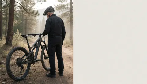 Adult cyclist with helmet and mountain bike on a pine forest trail with soft lighting, suitable for a bicycle shop website hero section