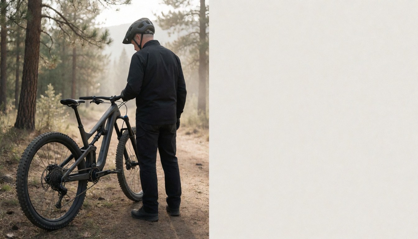 Adult cyclist with helmet and mountain bike on a pine forest trail with soft lighting, suitable for a bicycle shop website hero section