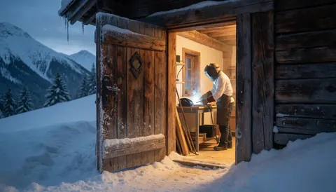 Close-up of a wooden door in a snowy mountain setting, illuminated by warm interior light, with a person wearing a welding helmet working inside.