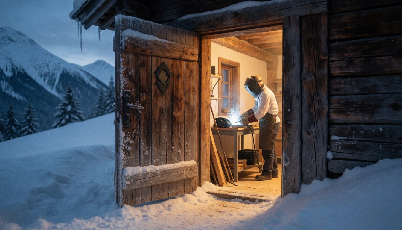 Close-up of a wooden door in a snowy mountain setting, illuminated by warm interior light, with a person wearing a welding helmet working inside.