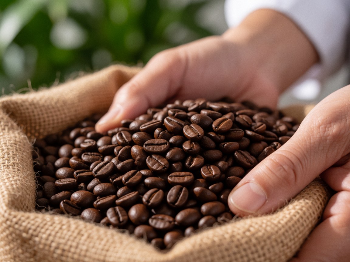 Close-up of hands holding roasted coffee beans in a canvas sack with a blurred green background and natural light