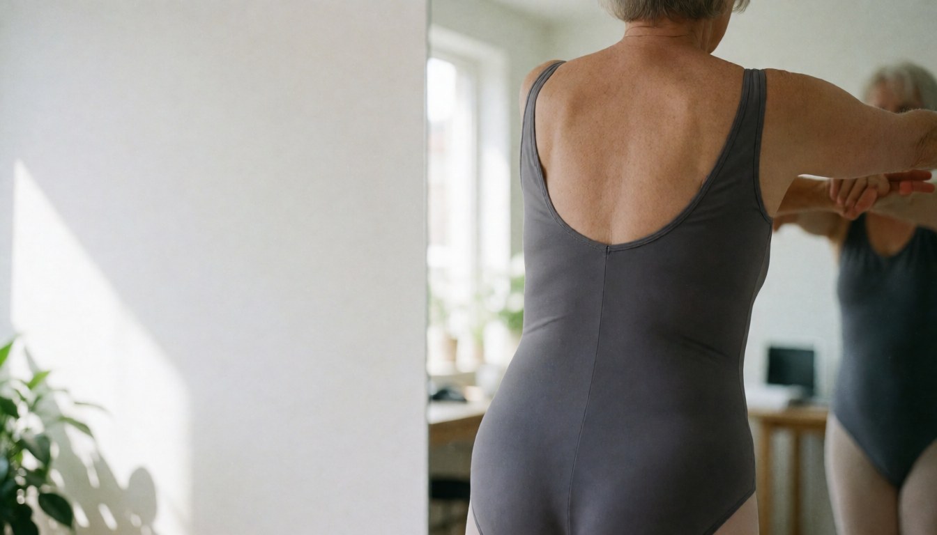 An adult woman stretches her body in front of a mirror in a white dance studio with natural light