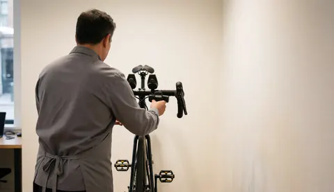 Cycling coach adjusting a bicycle in a white studio with copy space on the right