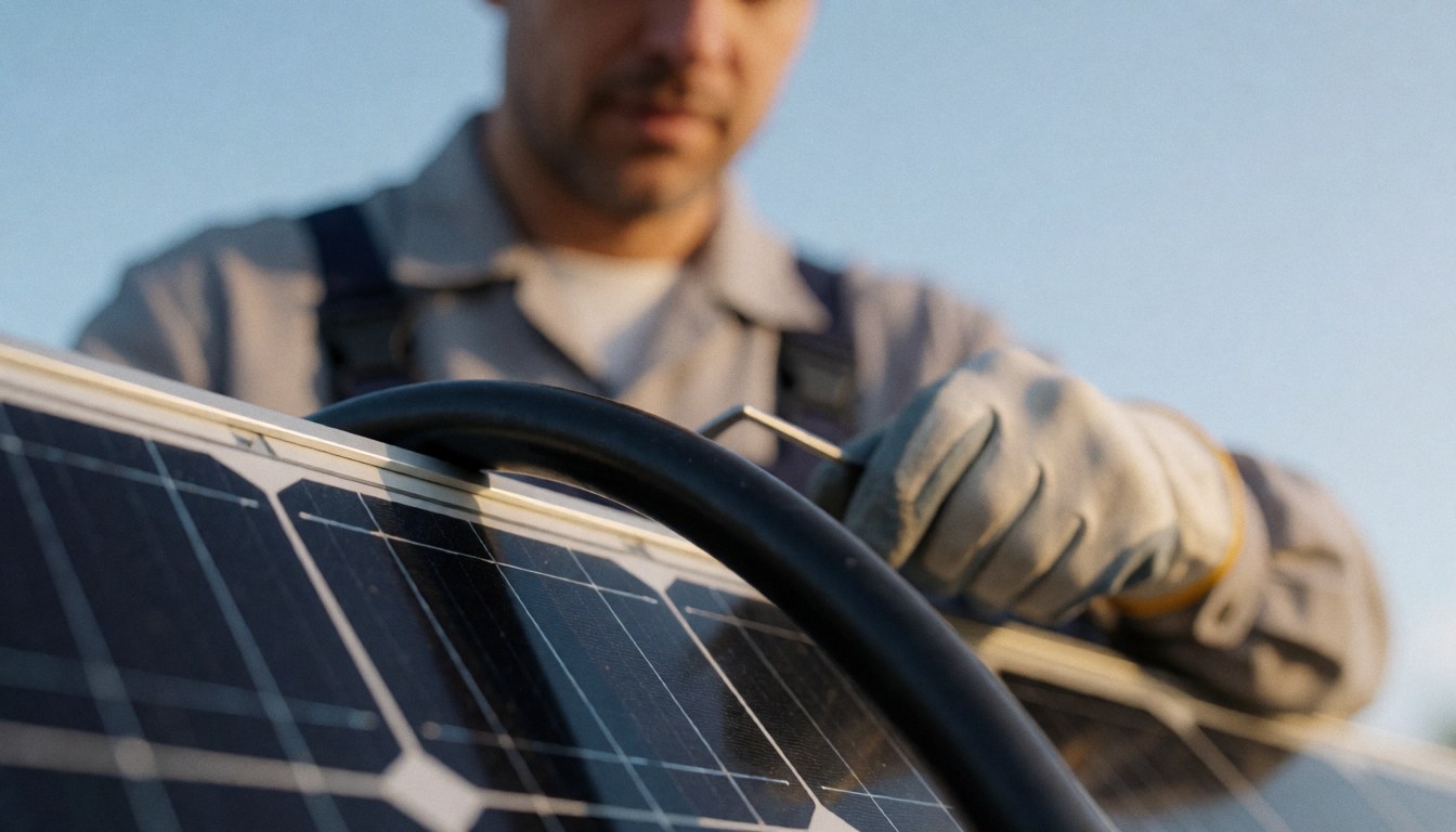 Close-up of a black solar cable connected to a solar panel under a blue sky with natural lighting.