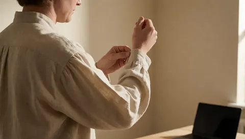 Back view of person adjusting beige linen shirt sleeve in room with beige walls and laptop on table