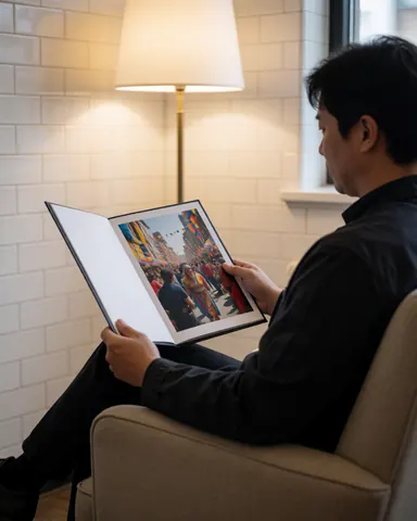 A man sits reviewing a photo portfolio in a room with white tiled walls and a floor lamp