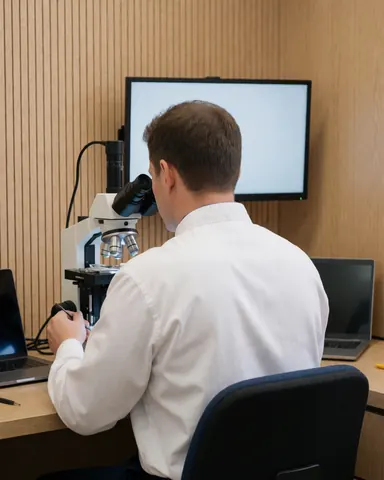 Close-up view of a technician using a microscope to repair a smartphone camera in a professional workshop setting with wooden walls and a monitor.