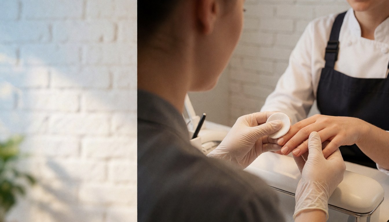 Manicurist wearing gloves applies product to client hand on manicure table with white brick wall background