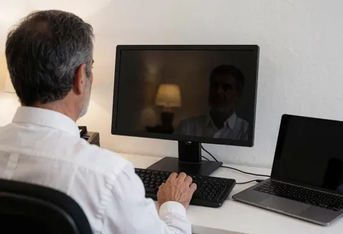 Employee working on a laptop at the reception desk with warm lighting and a white wall background