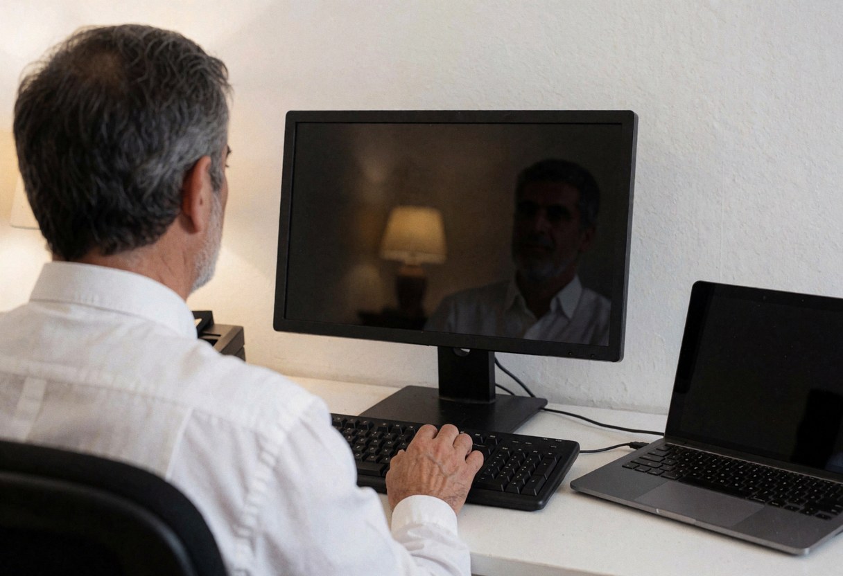 Employee working on a laptop at the reception desk with warm lighting and a white wall background