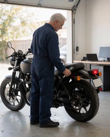Mechanic in blue uniform checking rear tire pressure of black motorcycle in well-lit garage with natural light