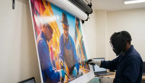 A professional worker operates in a printing studio with a large vertical banner, white walls, and text space.