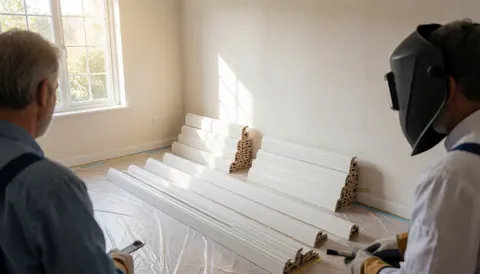 Two workers install white baseboards in a sunlit room with protective plastic covering the floor