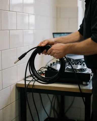 DJ coiling black cable on a table with a mixer and white tiled walls