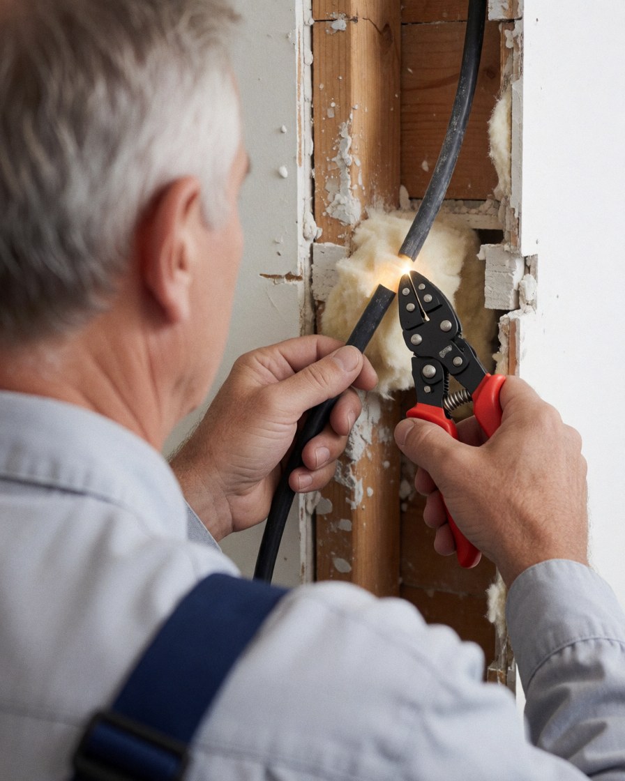 Close-up of an electrician using scissors to strip black cable insulation on a wooden wall with plaster and exposed fibers.