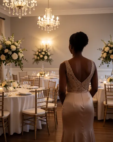 Woman in evening gown observing banquet room with white tables, flowers, and lit candelabras