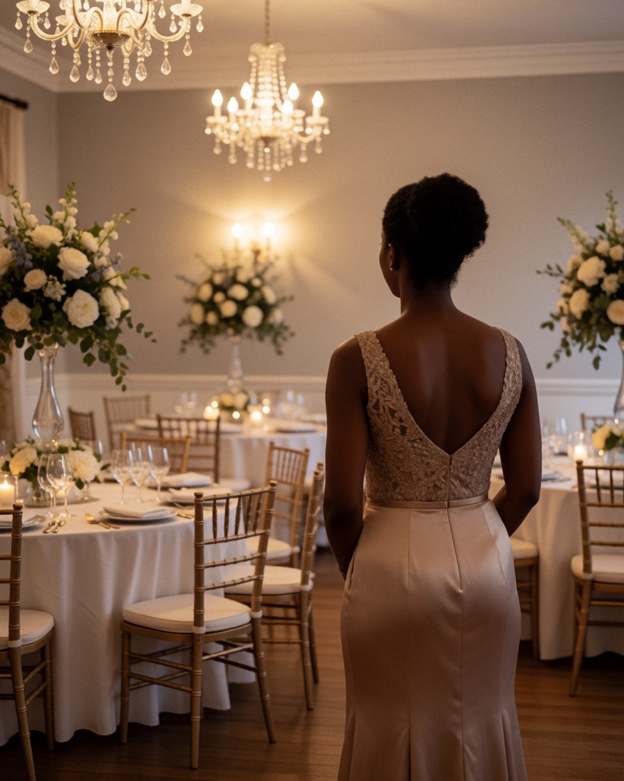 Woman in evening gown observing banquet room with white tables, flowers, and lit candelabras