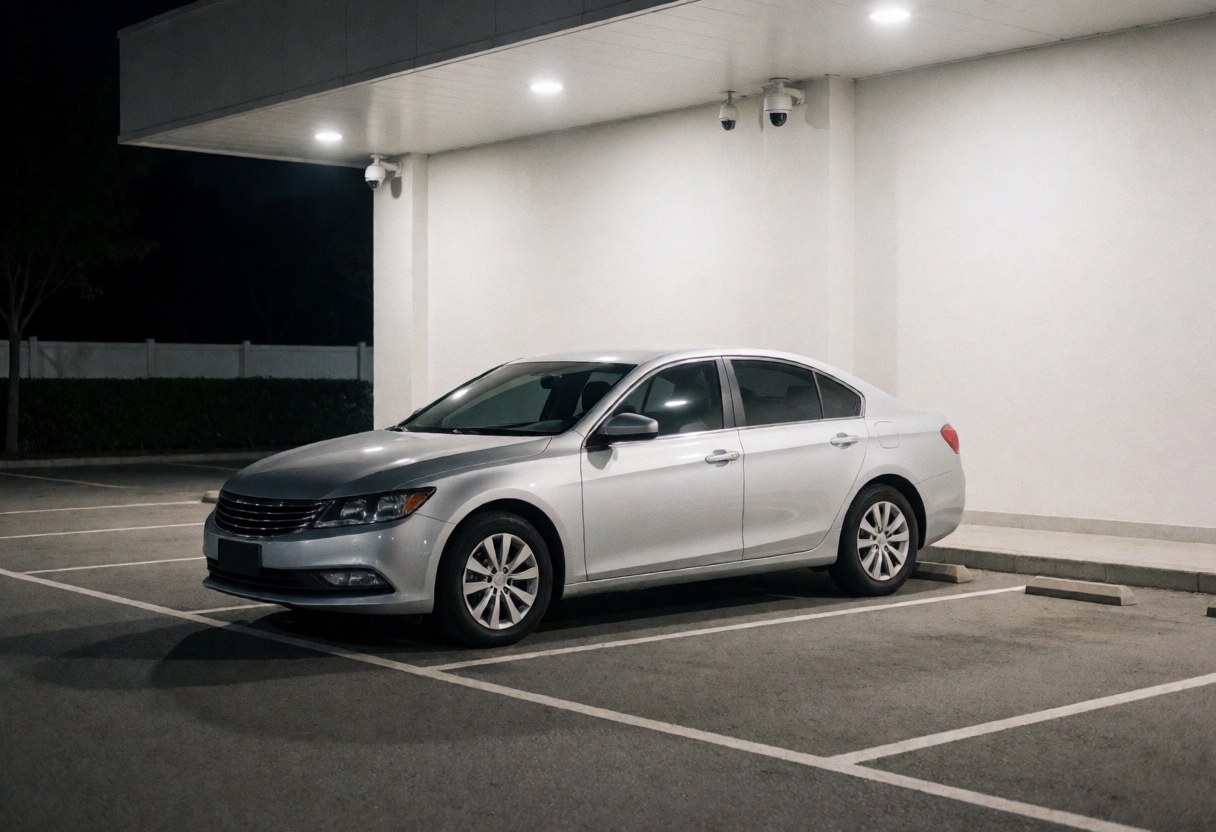 Silver sedan parked in a well-lit covered parking garage with security cameras, suitable for ride-hailing drivers.