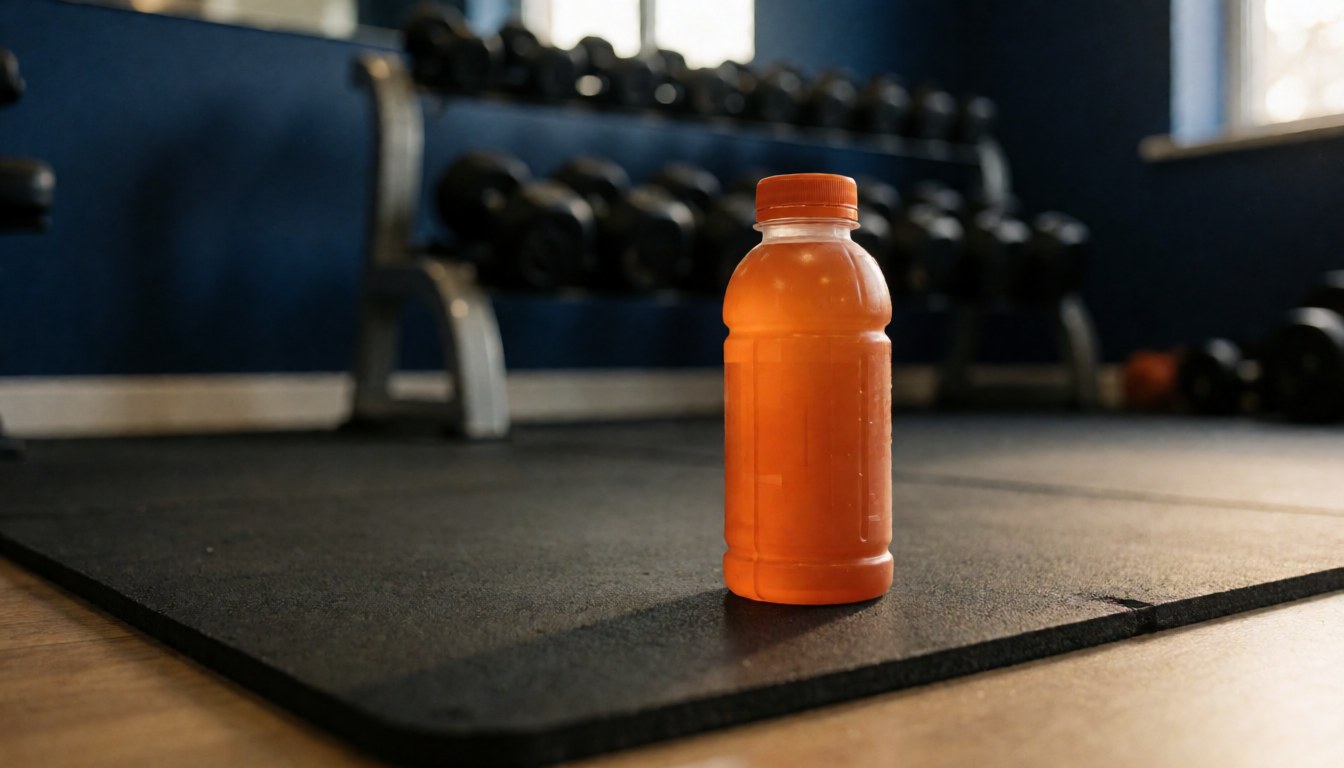 Orange beverage bottle resting on a black rubber mat in a gym with weight machines and a navy blue wall