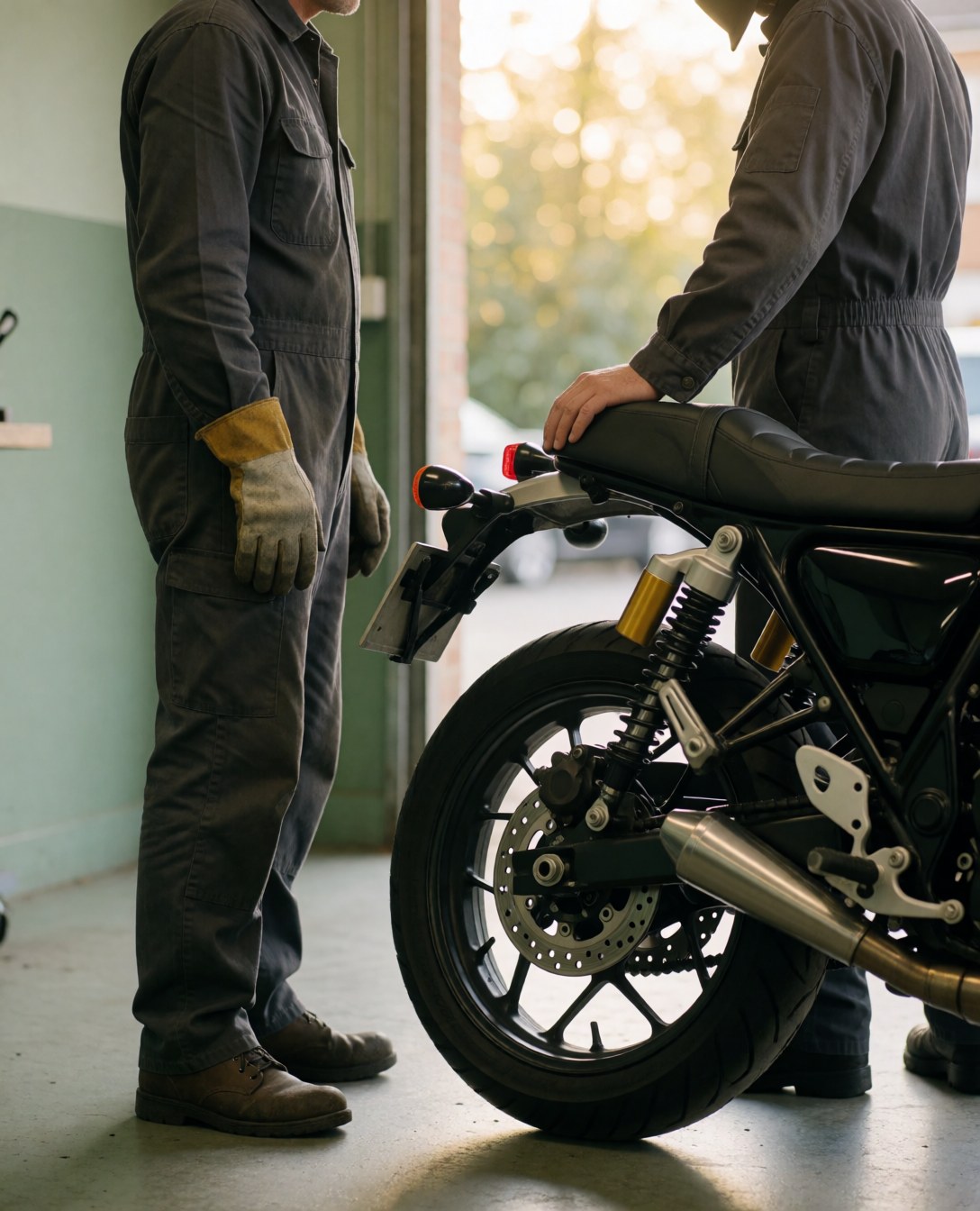 Mechanic checking rear brakes on a motorcycle in a workshop with natural light and green walls.