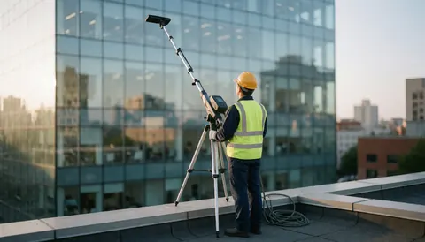 Worker wearing helmet and vest cleaning glass with tripod on building roof in morning light
