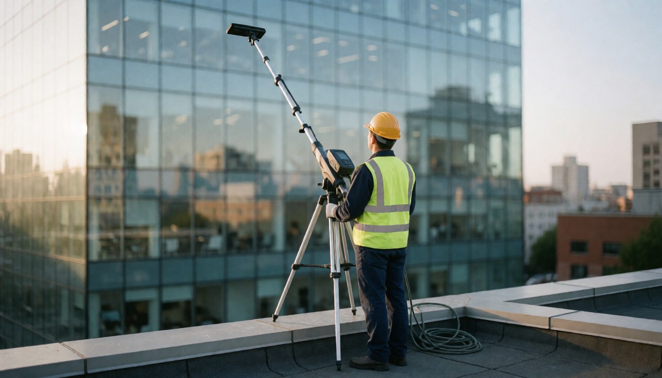 Worker wearing helmet and vest cleaning glass with tripod on building roof in morning light
