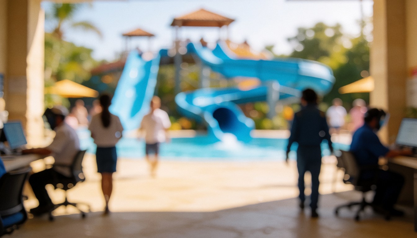 Blurry background of a water park entrance with people walking and blue slides in the distance, ideal for text overlay